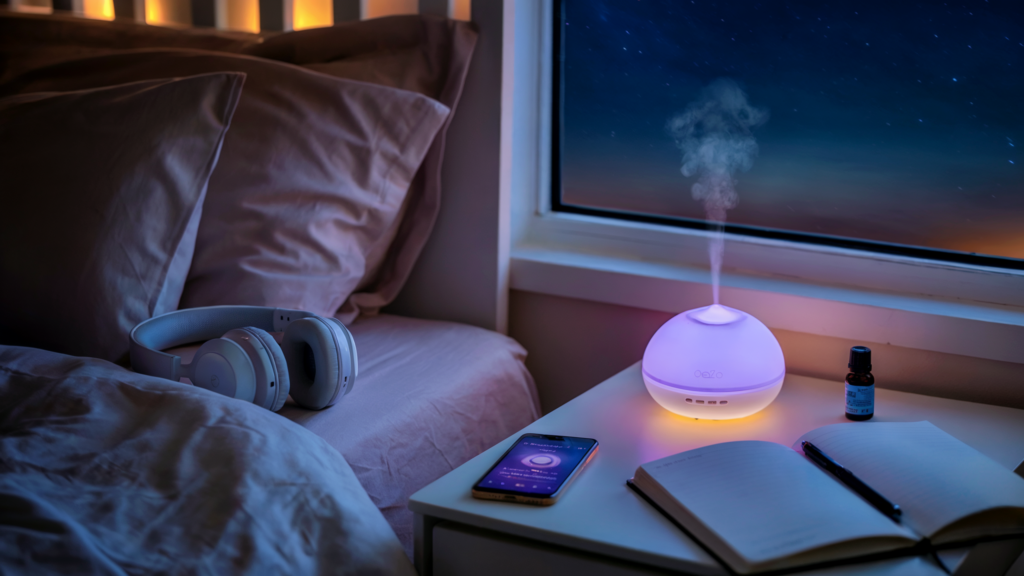 End table with diffuser, journal and cell phone with a meditation app playing beside a bed with headphones.