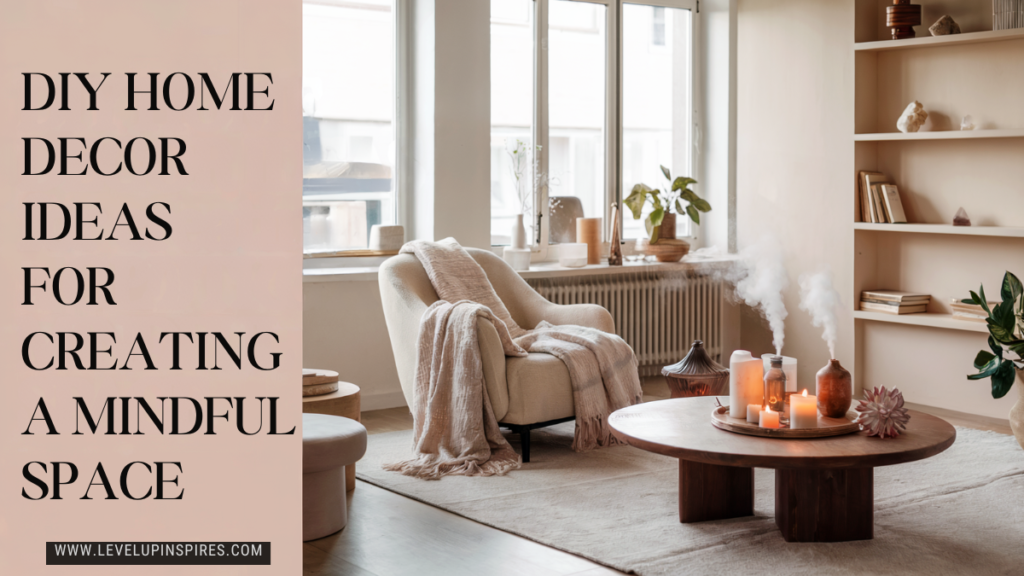 A cozy living room with soft, neutral tones and minimalist decor, featuring a comfortable armchair with a plush throw blanket, a low wooden coffee table with candles, plants, and a diffuser emitting mist